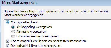 Menu Start - Uitvoeren Weergeven