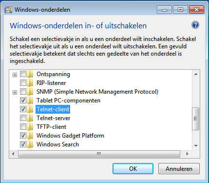 Windows 7 telnet client toevoegen